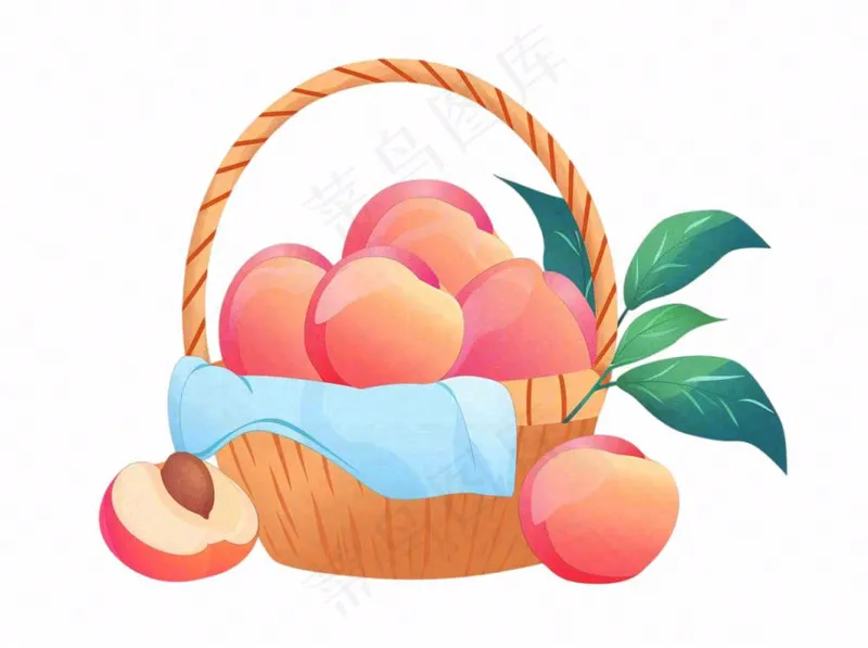 水蜜桃一篮桃子主编蓝水果卡通插画免抠(1264x944)