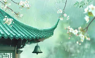 古风手绘雨插画下雨天的屋檐谷雨雨水插画背景