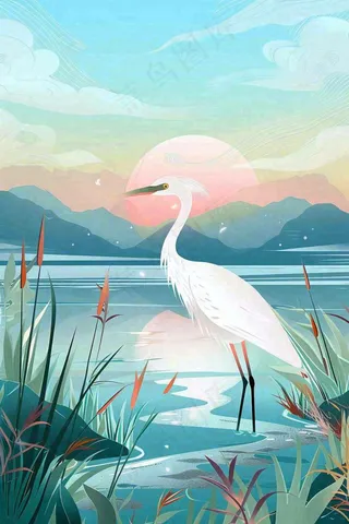 秋日芦苇荡的白鹭湖泊山水日落白露寒露插画背景