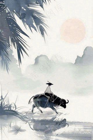 清明牧童人水墨画山水插画背景
