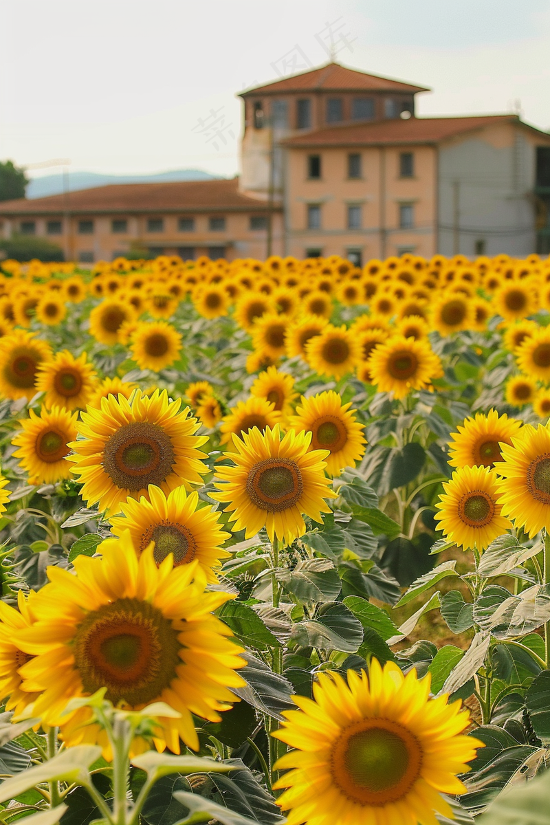 a field of sunflowers with a building in the background, a picture by Shen Che-Tsai, pixabay, renaissance, sunflower field, scene : sunflower field, scene: sunflower field 