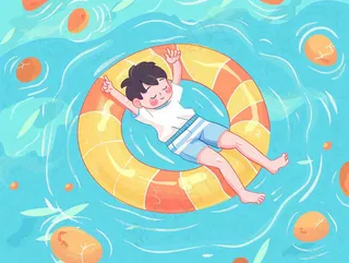 夏天游泳泳池人物游泳男孩蓝色背景泳圈夏日运动小暑大暑夏至立夏卡通插画背景