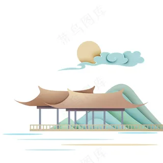 简约褐色亭子免扣元素