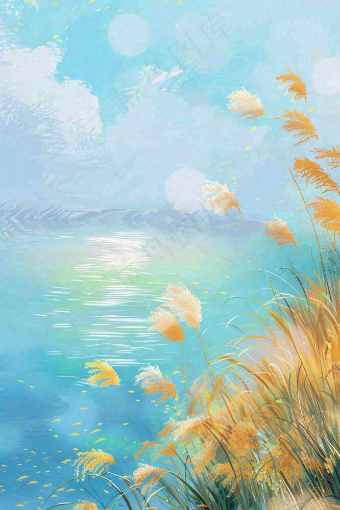 水彩芦苇荡山水画古风中国风白露插画寒露处暑背景(896x1344)