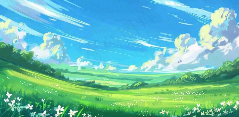 立春 春天背景立春 春天插画春天唯美天空蓝天白云草地手绘风景插画背景(1568x768)