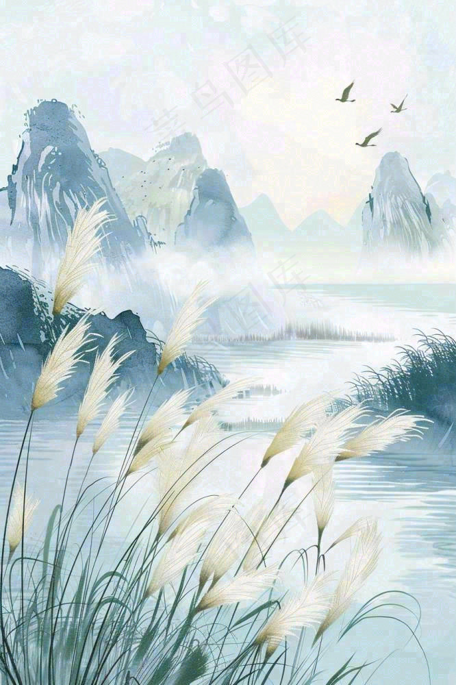 山水水墨芦苇白鹭古风白露寒露处暑插画水彩画背景(896x1344)