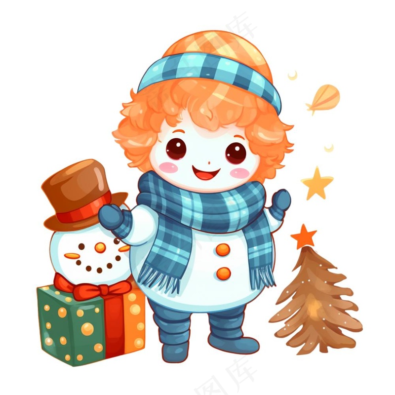 圣诞雪人蓝色橘色帽子围巾卡通插画免抠(1024x1024)