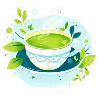 绿茶茶杯青叶清明元素卡通插画免抠