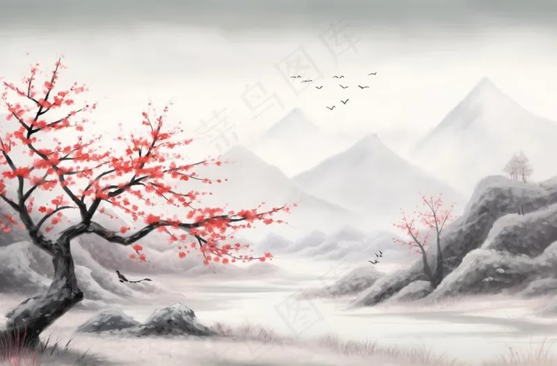 冬季山水梅花山峰水墨画中国风插画背景(1360x896)