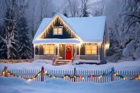 圣诞节雪木屋装饰灯森林木屋摄影图