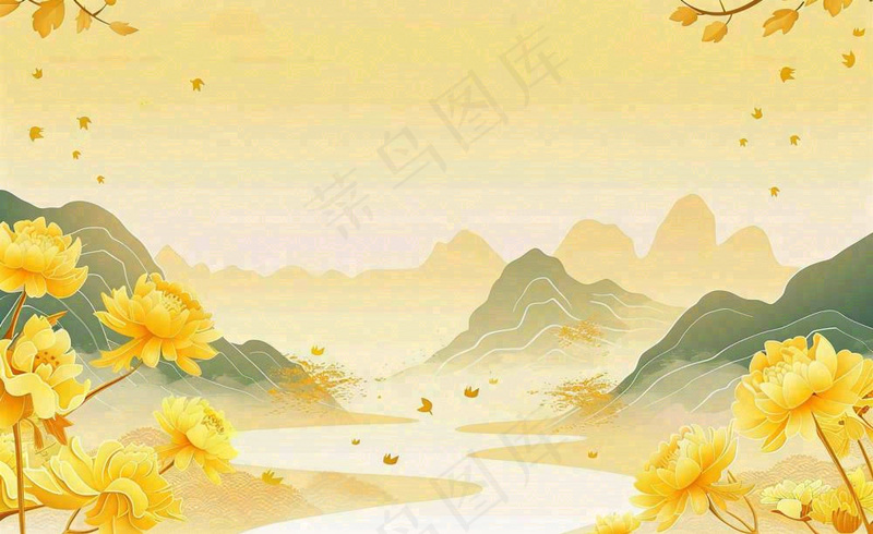 金秋菊花山水国潮插画中秋重阳立秋秋分插画背景(1408x864)