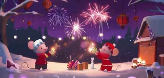 鼠年新年雪地放烟花的老鼠新年春节氛围热闹卡通插画背景