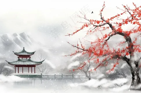 冬季山水梅花山峰水墨画中国风插画背景