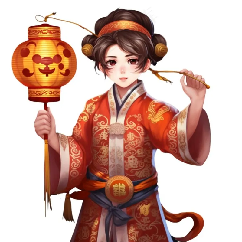 新年儿童拜年张灯结彩国潮春节红色手绘卡通插画免抠(1024x1024)