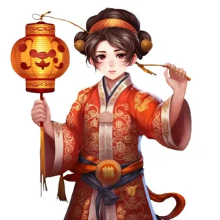 新年儿童拜年张灯结彩国潮春节红色手绘卡通插画免抠