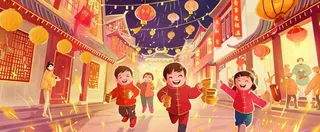 新年热闹街道儿童玩耍喜乐走街串巷灯笼烟花春节小年除夕夜元宵国潮风插画背景