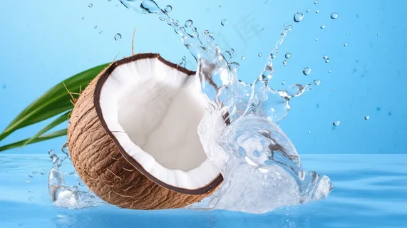 白色新鲜椰汁波浪溅与椰子隔离特写摄影图