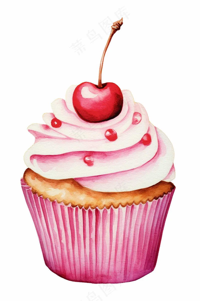 樱桃纸杯蛋糕甜点水彩画插图白色背景(2688x4032)