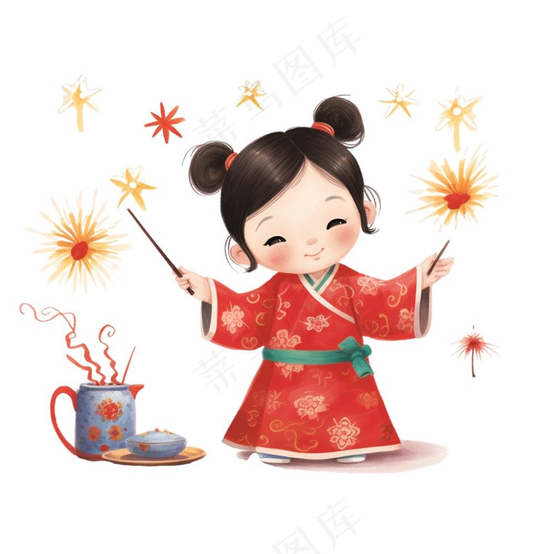 新年放烟花庆祝春节儿童开心过大年卡通插画免抠