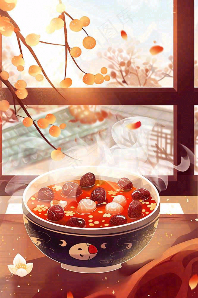 腊八粥冬季新年腊八节卡通插画背景(896x1344)