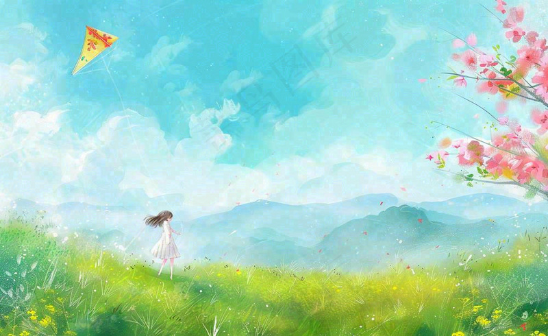 春天插画春天放风筝插画唯美桃花风筝植物春分春季山水风插画背景