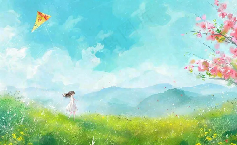 春天插画春天放风筝插画唯美桃花风筝植物春分春季山水风插画背景(1408x864)