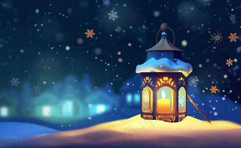 冬天夜晚雪地里的灯笼灯盏雪花温暖寒露立冬大雪插画背景(1408x864)