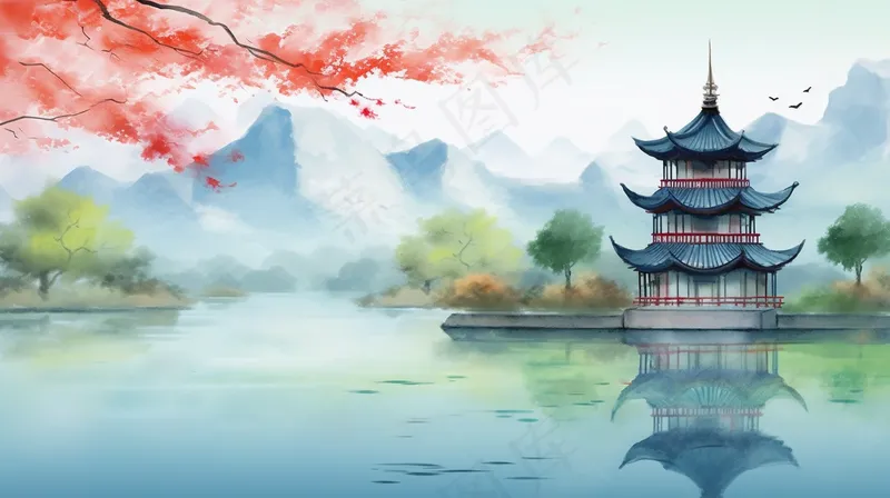 春天江南水乡山水阁楼凉亭红花树水墨画插画背景(4368x2448)
