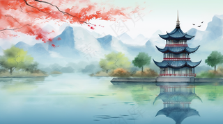 春天江南水乡山水阁楼凉亭红花树水墨画插画背景