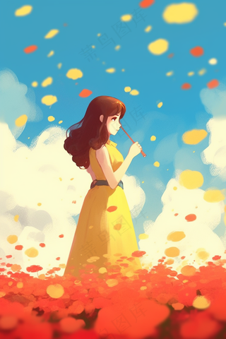 春天红色花海里的少女插画背景