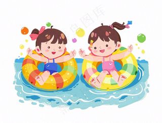 游泳游泳圈儿童水上乐园运动卡通插画免抠