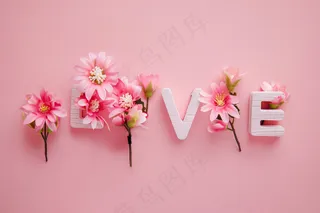花卉贺卡妇女节花平铺着带有LOVE字母粉色背景摄影图