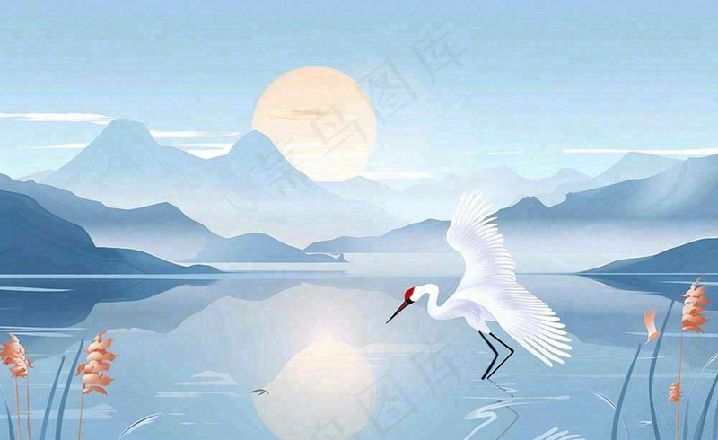 唯美白露仙鹤鸟山水风景秋天芦苇日落日出秋天插画背景(1408x864)