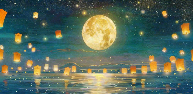 月亮中秋节河灯中元节风景唯美插画背景