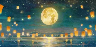月亮中秋节河灯中元节风景唯美插画背景
