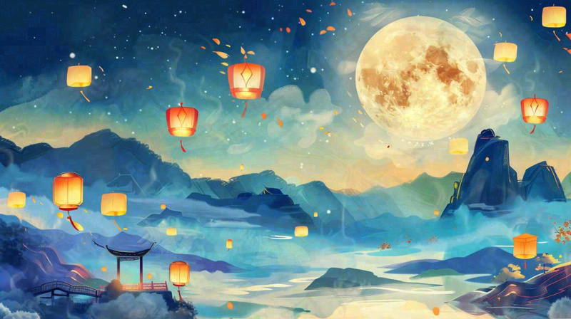 中秋河灯孔明灯中元节风景寒衣节黑夜中元节夜晚月亮唯美插画背景(1456x816)