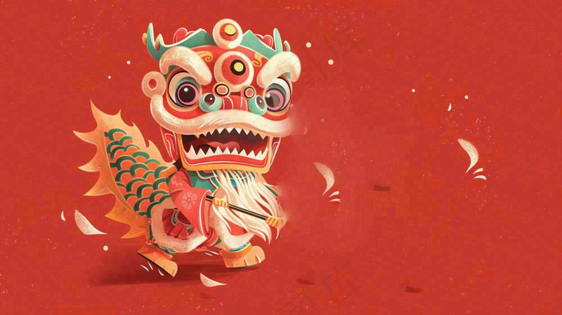 中国式舞狮舞龙卡通插画新年春节节日庆祝红色背景(1456x816)