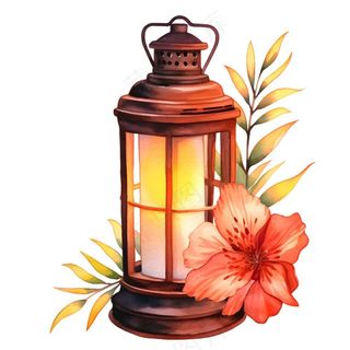 手柄老式灯笼复古照明植物花朵水彩插画免抠