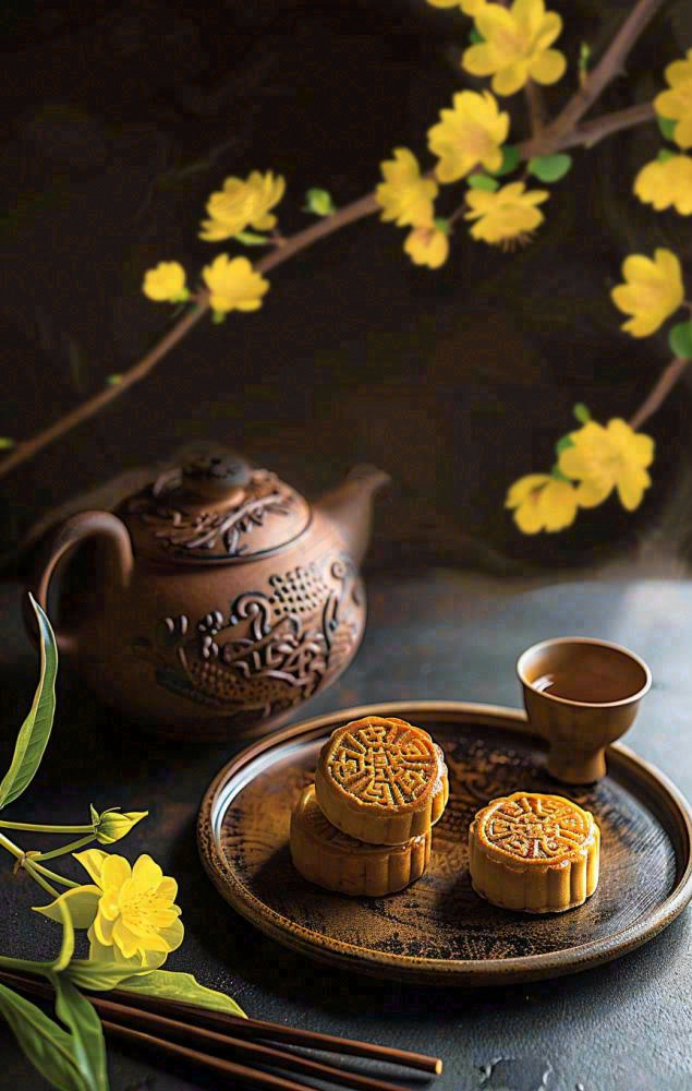 中秋月饼传统糕点美食圆月黄花摆盘精美摄影图(864x1360)