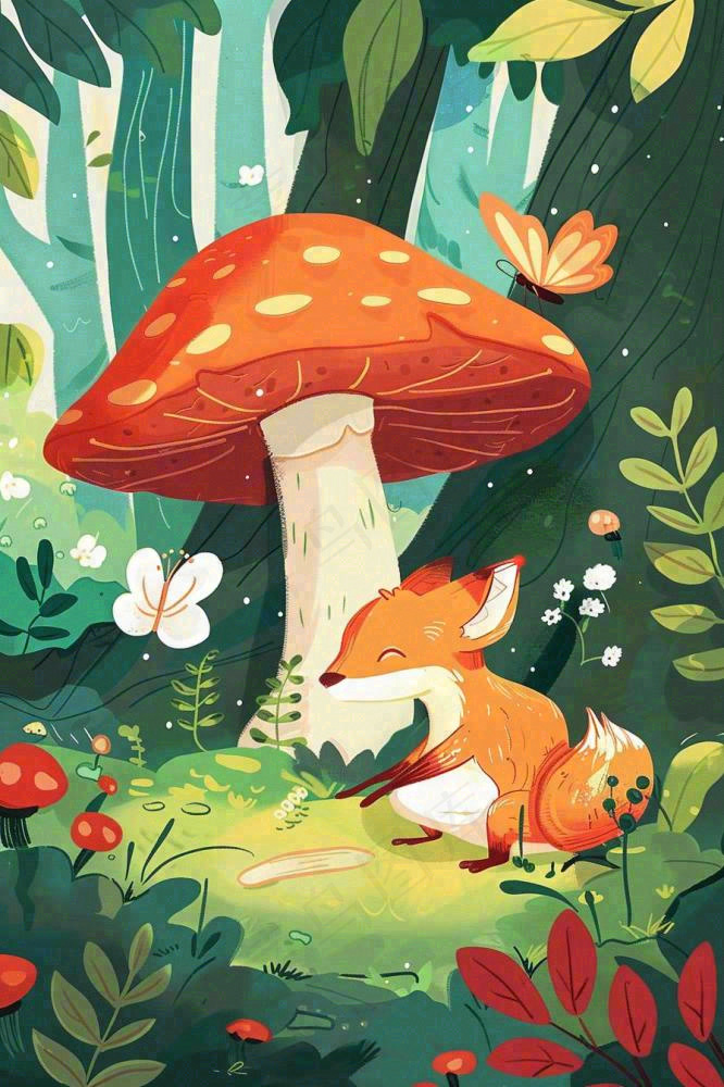 森林里的可爱狐狸在红蘑菇下玩耍唯美插画惊蛰处暑背景(896x1344)