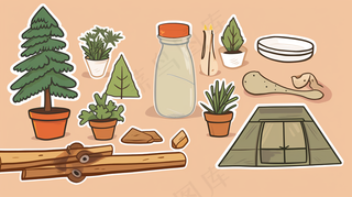 户外工具植物盆栽卡通插画素材