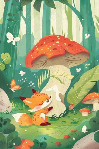 森林里的可爱狐狸在红蘑菇下玩耍唯美插画惊蛰处暑背景