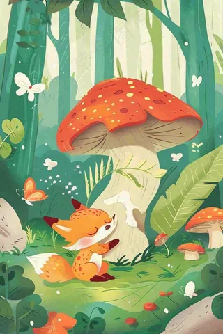 森林里的可爱狐狸在红蘑菇下玩耍唯美插画惊蛰处暑背景