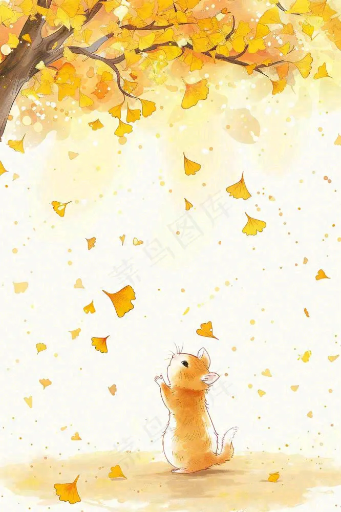 秋天银杏树下的松树秋意金黄色立秋秋分白露唯美插画背景(896x1344)
