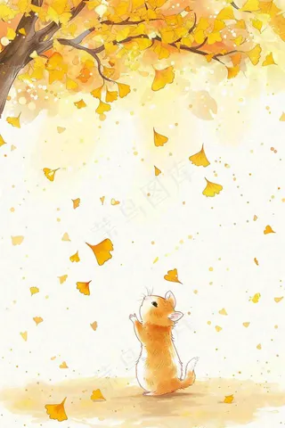 秋天银杏树下的松树秋意金黄色立秋秋分白露唯美插画背景