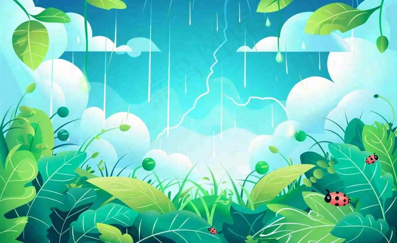 惊蛰雨水谷雨春天卡通手绘插画瓢虫昆虫绿色花草卡通插画背景(1408x864)