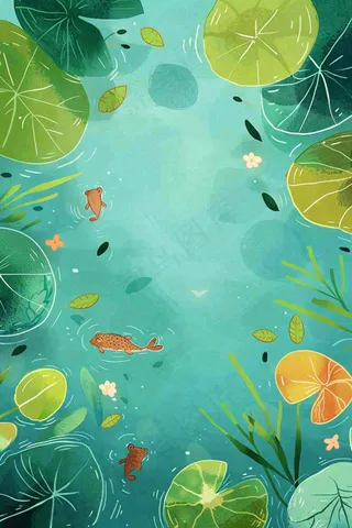 夏日池塘荷花睡莲水塘立夏小暑大暑处暑插画背景
