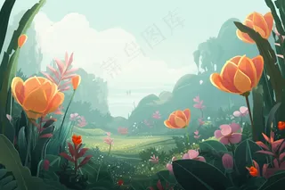 春天草坪花草盛开山野里绿色卡通插画背景