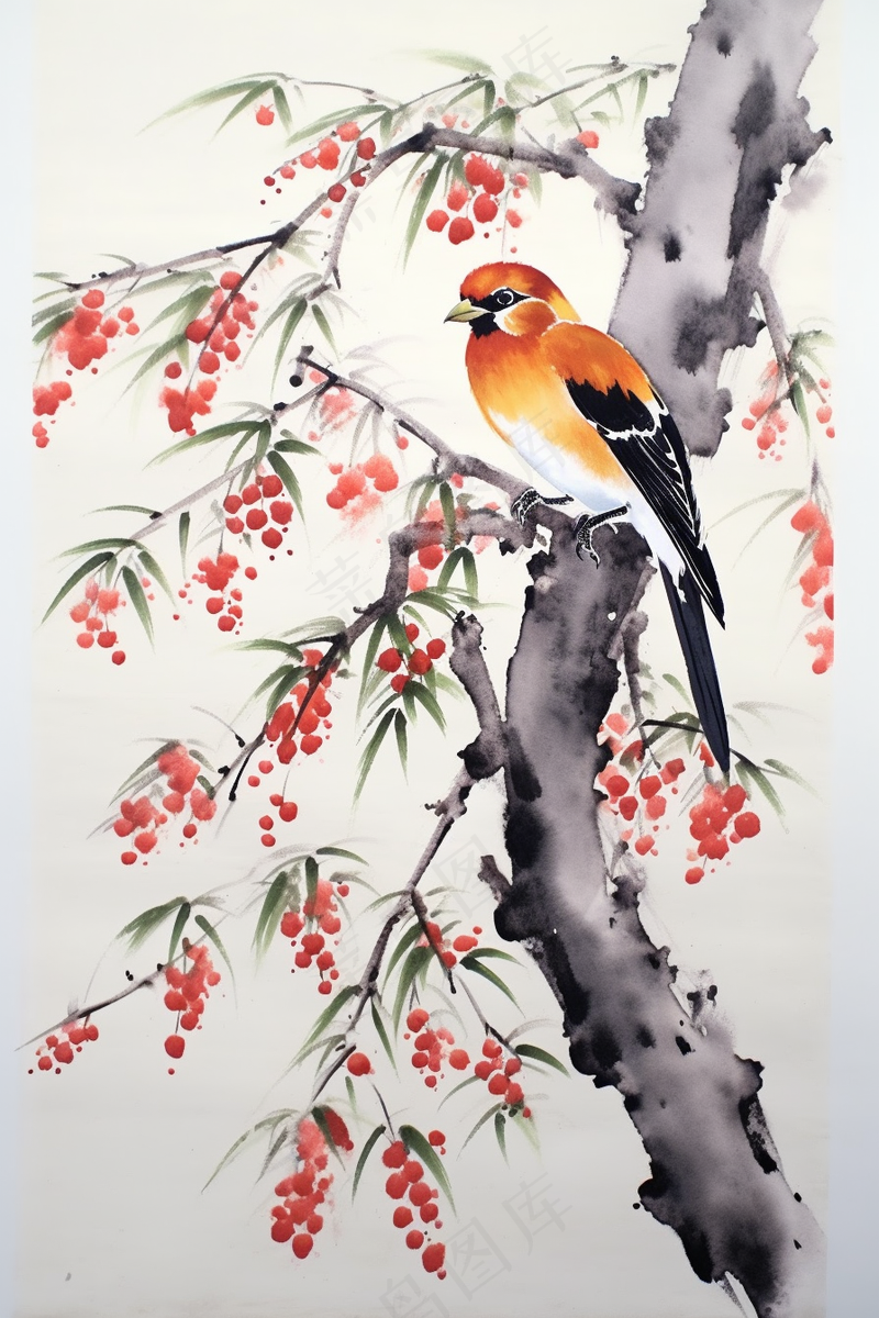 花鸟树枝花草国画水墨画素材背景