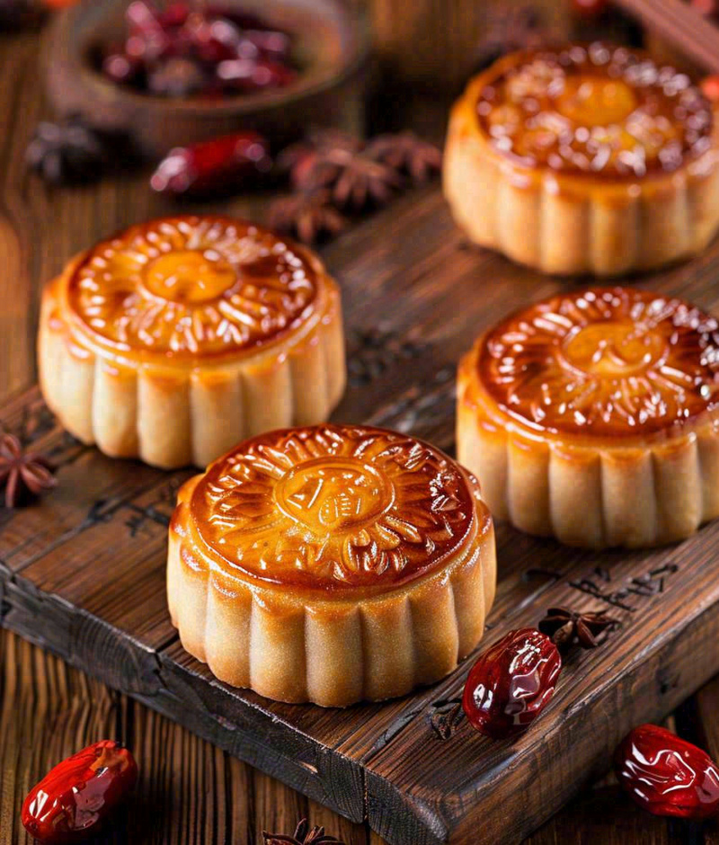 中国美食月饼糕点中秋木质托盘摄影图